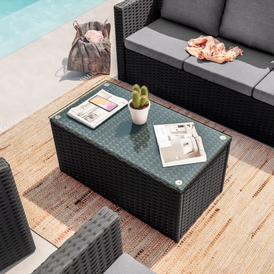 Set relax con divano 3 posti 2 poltrone e tavolino in polyrattan grigio con  cuscini - Horizon