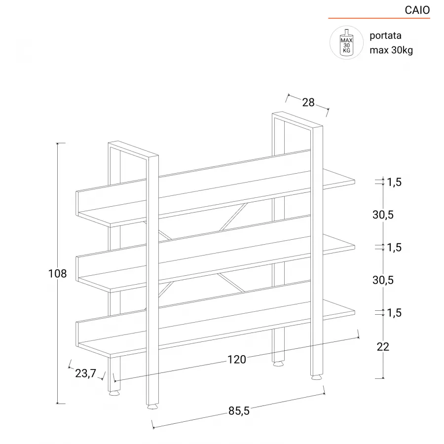 Libreria 120x171h cm con ripiani effetto rovere e struttura in metallo  bianco - Caio