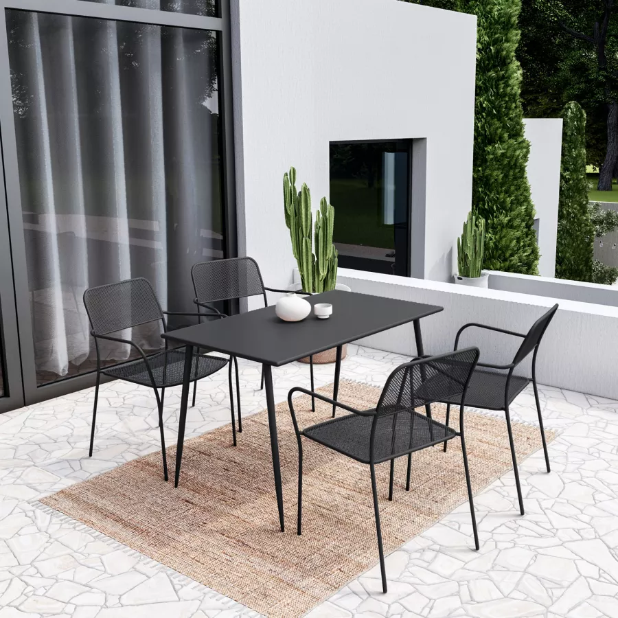 Set pranzo tavolo 70x120 cm e 4 sedie con braccioli in acciaio nero - Faber