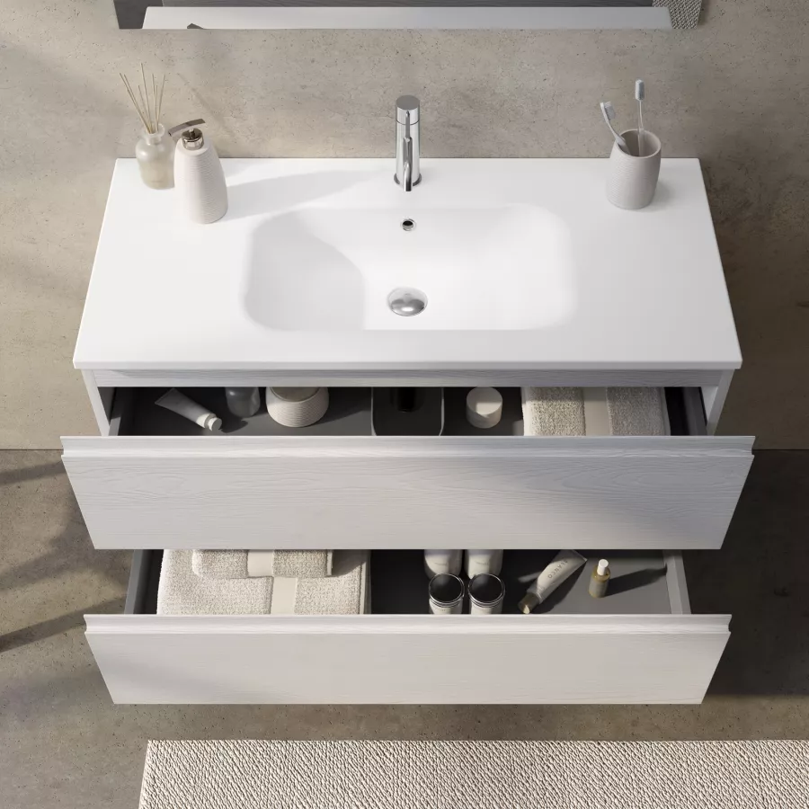 Mobile bagno sospeso 100 cm bianco effetto legno con lavabo opaco integrato  e specchio - Verano Plus