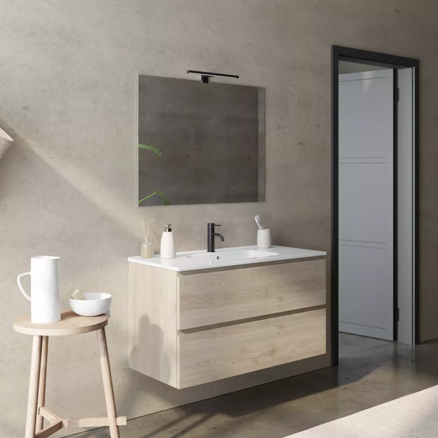 Mobile bagno sospeso 100 cm rovere cambridge effetto legno con lavabo  integrato e specchio - Verano Plus