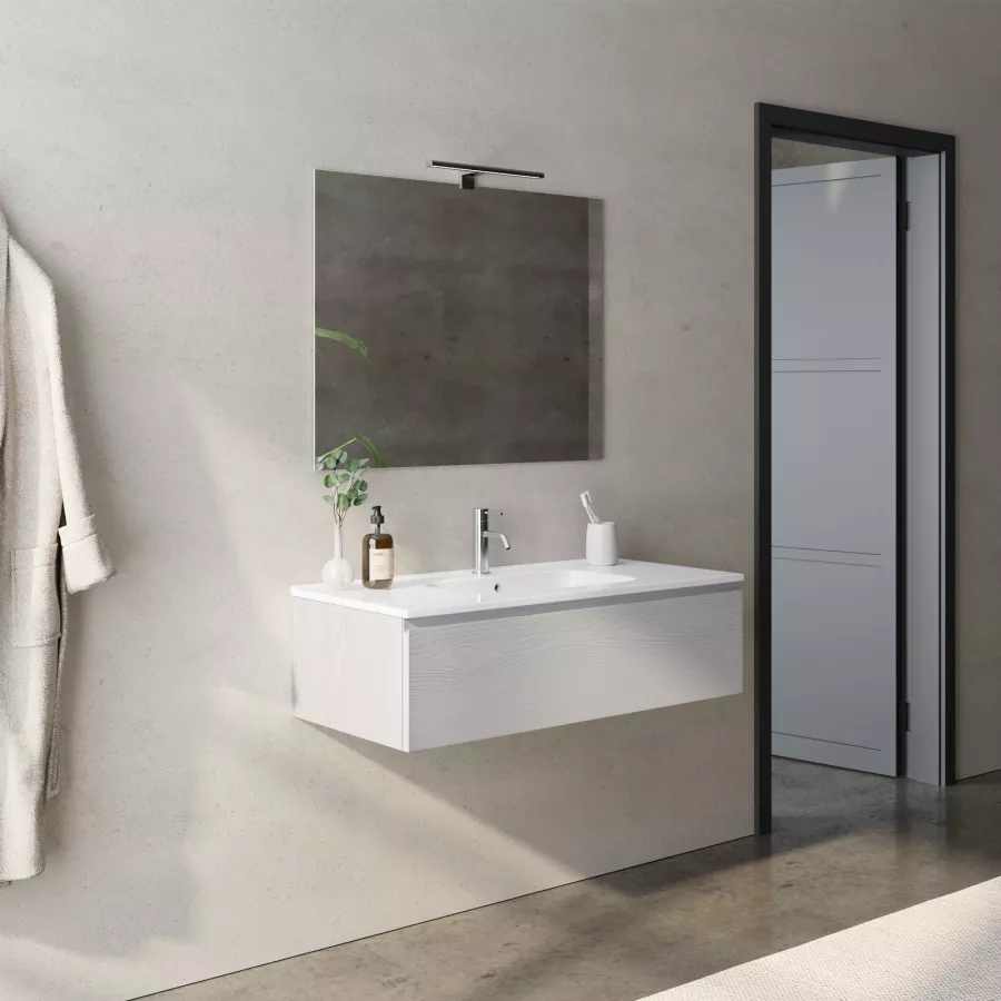 Mobile sospeso 100 cm bianco petalo effetto legno con lavabo bianco lucido  e specchio - Verano