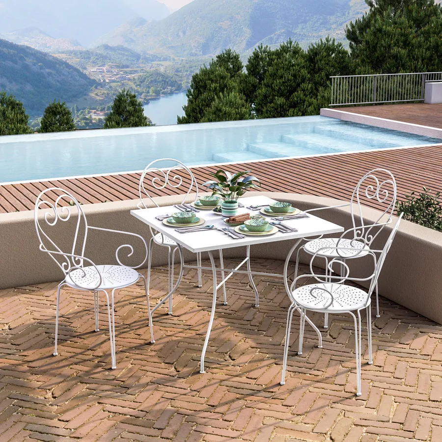 Set Pranzo Con Tavolo 120x70 Cm E 4 Sedie Con Braccioli In Acciaio Blu Maldive Faber