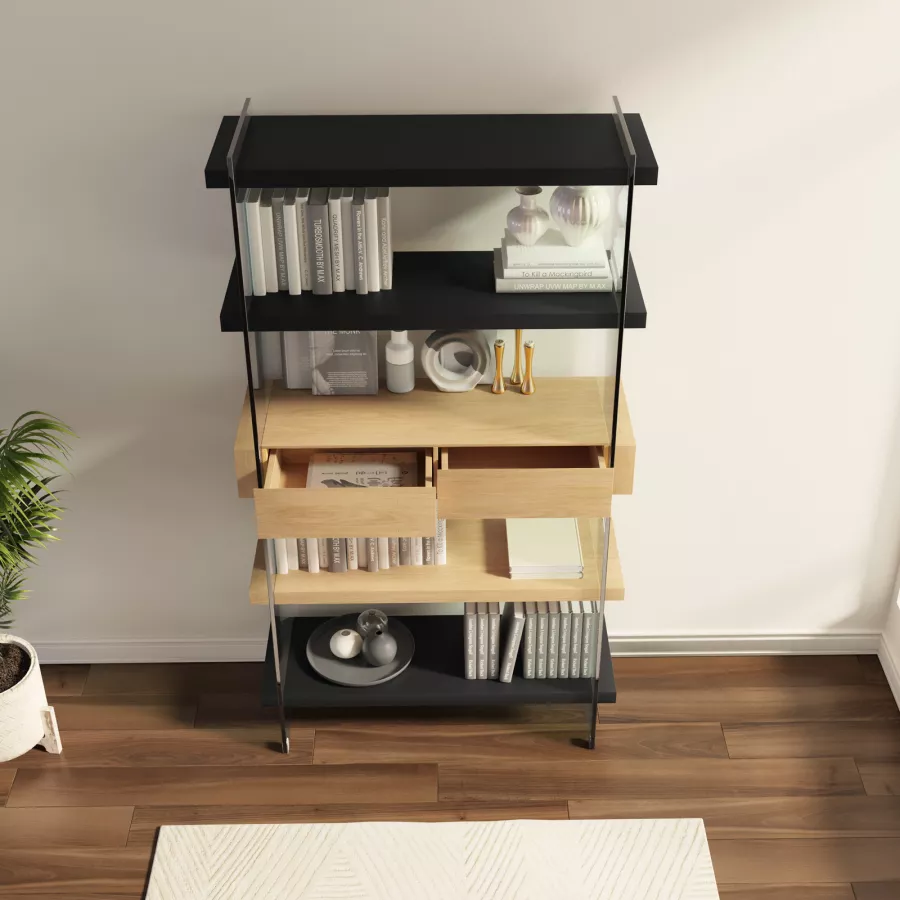 Libreria 90x180h cm in vetro temperato con ripiani e cassetti nero e rovere  - City