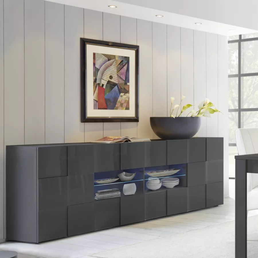 Madia 241 cm con due ante e quattro cassetti in legno grigio lucido con