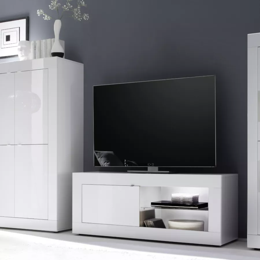 Mobile porta tv 140 cm con un'anta in legno bianco lucido con luce led  bianca 