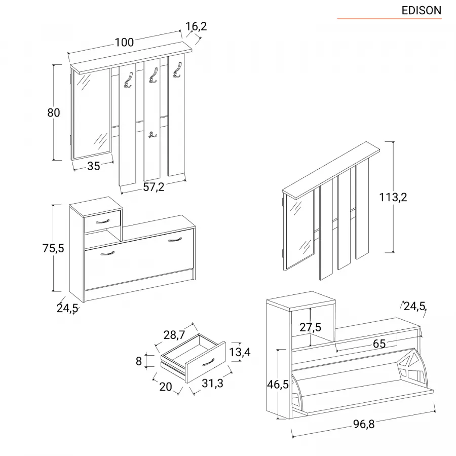 Mobile ingresso 100x25cm con bianco e rovere con scarpiera e