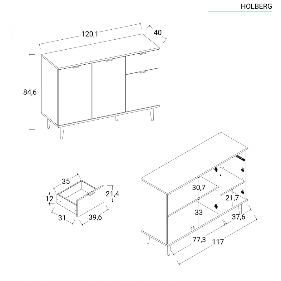 Mobile 120 cm con tre ante e un cassetto in legno bianco e rovere sonoma -  Holberg