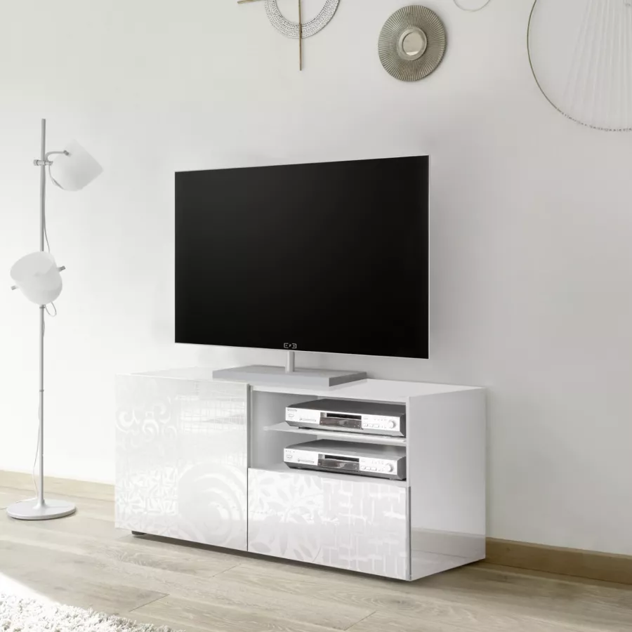 Mobile porta TV Line Base tv bianco con mensola in vetro e luci led RGB a  scelta