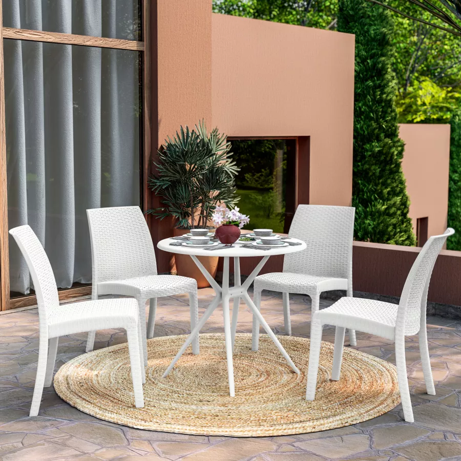 Set tavolo da esterno 80 cm con 4 sedie bianche - Barton