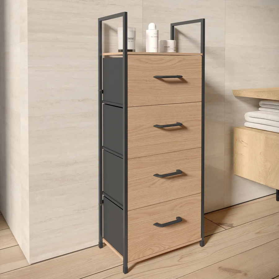 Cassettiera In Tessuto DWVO Con 4 Cassetti E Piano In Legno, Struttura In Acciaio, Per Camera Da Letto E Soggiorno, Grigio Scuro