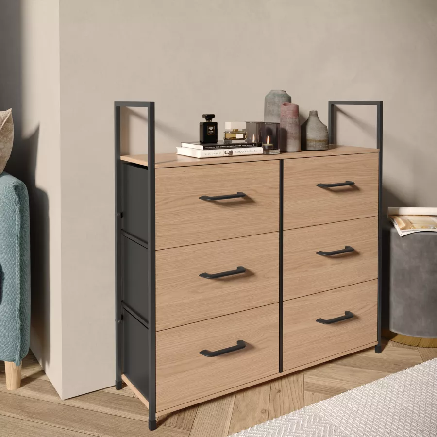 Libreria 90x180h cm in vetro temperato con ripiani e cassetti nero e rovere  - City