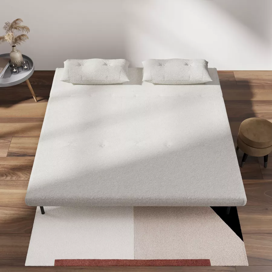 Divano letto 2 posti 133x80 cm in tessuto teddy bianco con