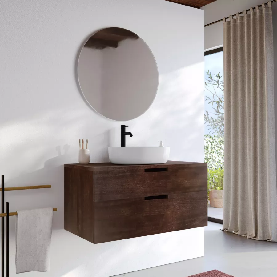 Mobile bagno sospeso 90 cm con 2 cassetti in legno teak scuro - Kala