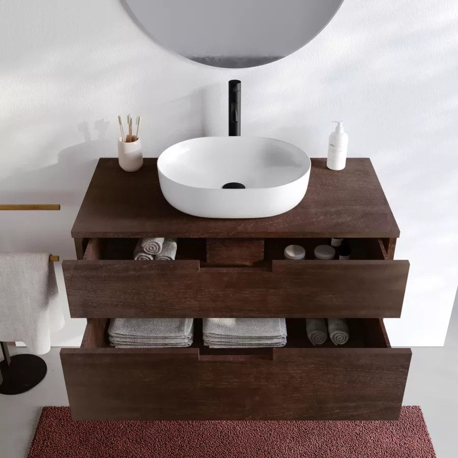 Mobile bagno sospeso 90 cm con 2 cassetti in legno teak scuro - Kala