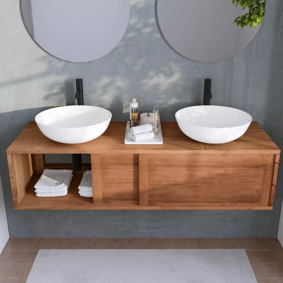 Mobile Bagno Moderno 80 cm Teak per Lavabo da Appoggio Sospeso 2 Ante