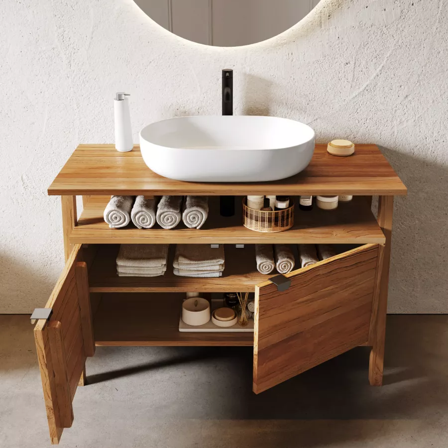 Mobile bagno portalavabo 58 cm con ripiano in legno teak naturale - Twinky