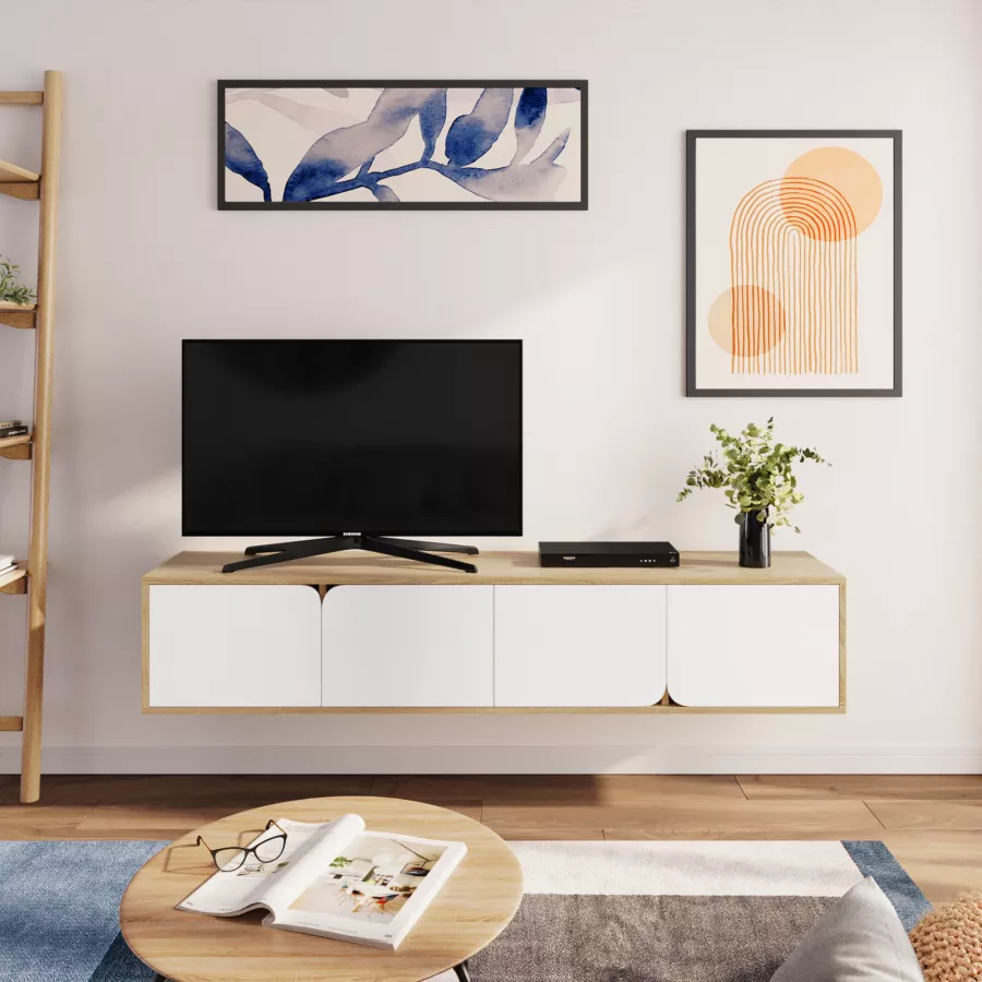 Mobile porta tv 180 cm con pensile in legno bianco lucido e naturale - Eike