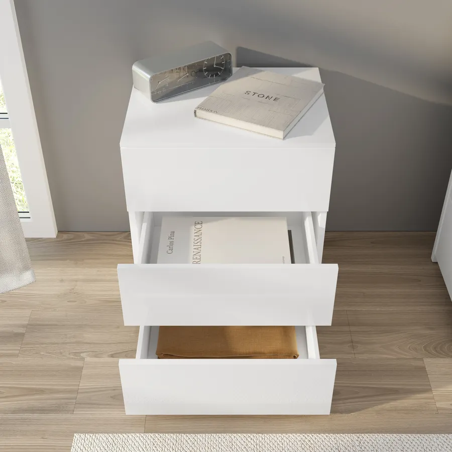 Comodino Moderno Con 2 Cassetti | Bianco Lucido | 40x39x55 Cm | Con Guide A Rulli E Blocco Sicurezza