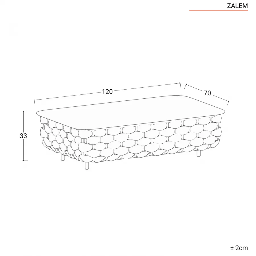 Tavolo basso con piano in alluminio 120x70 cm e corda intrecciata - Zalem
