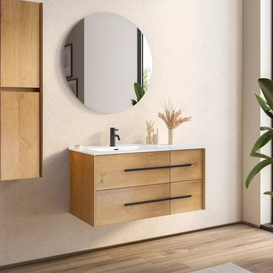 Mobile bagno sospeso 100 cm rovere chiaro con lavabo integrato e specchio -  Riven