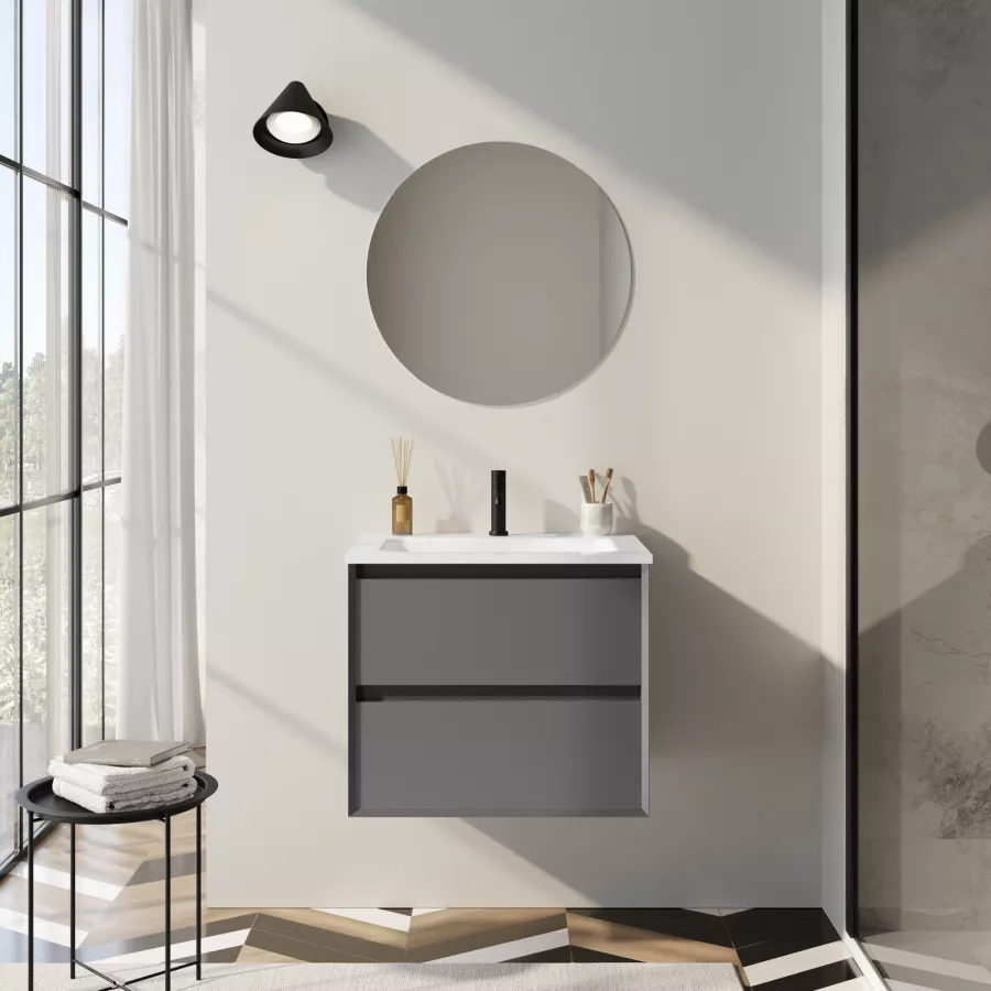 Mobile Bagno in legno grigio L. 82.5 con 2 ante, cassetti e specchiera