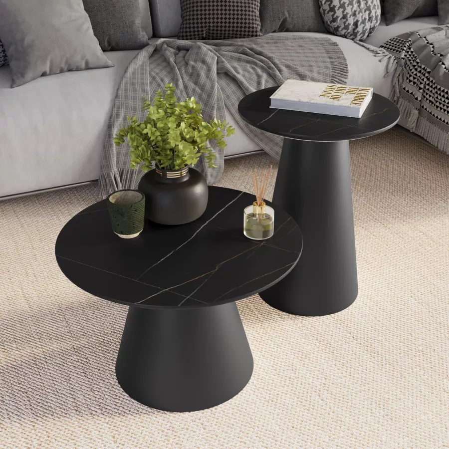 Tavolino rotondo 45 cm in legno nero effetto marmo - Gourmel