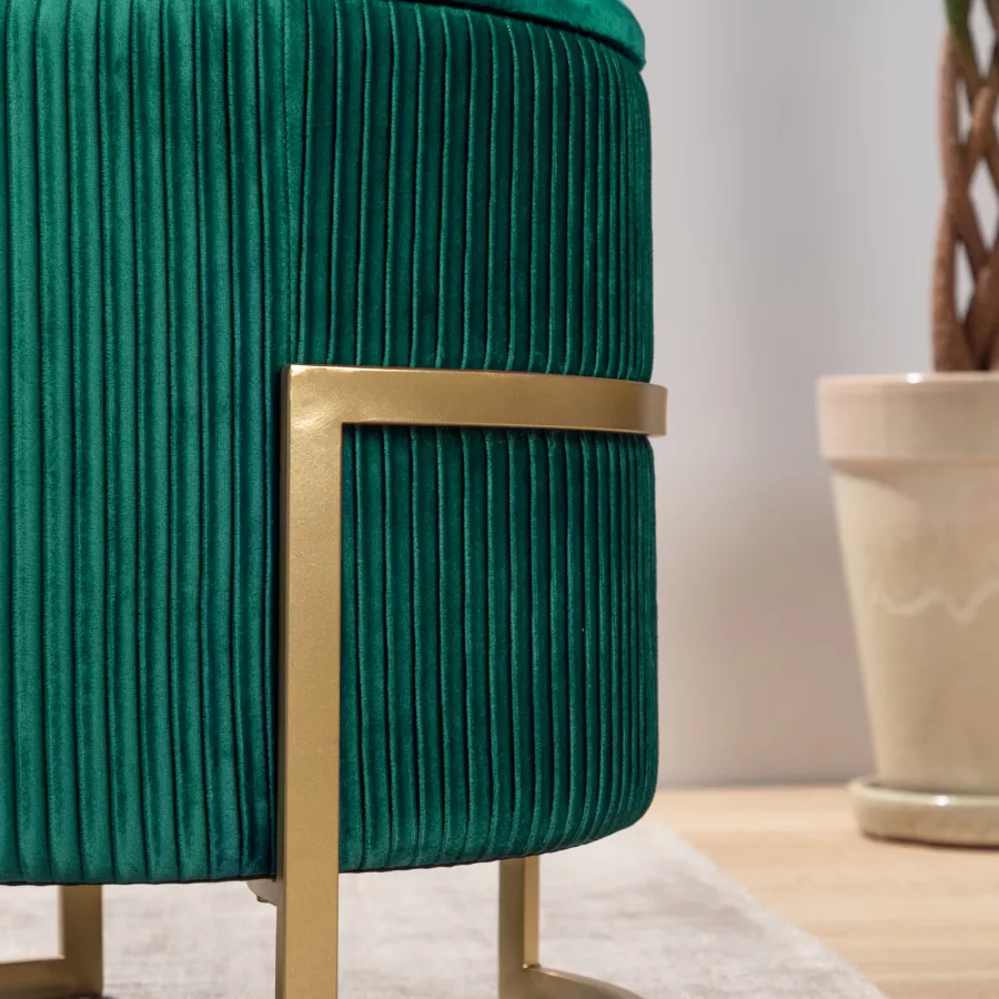 Pouf contenitore Ø 42 cm in velluto verde scuro base oro - Albatros