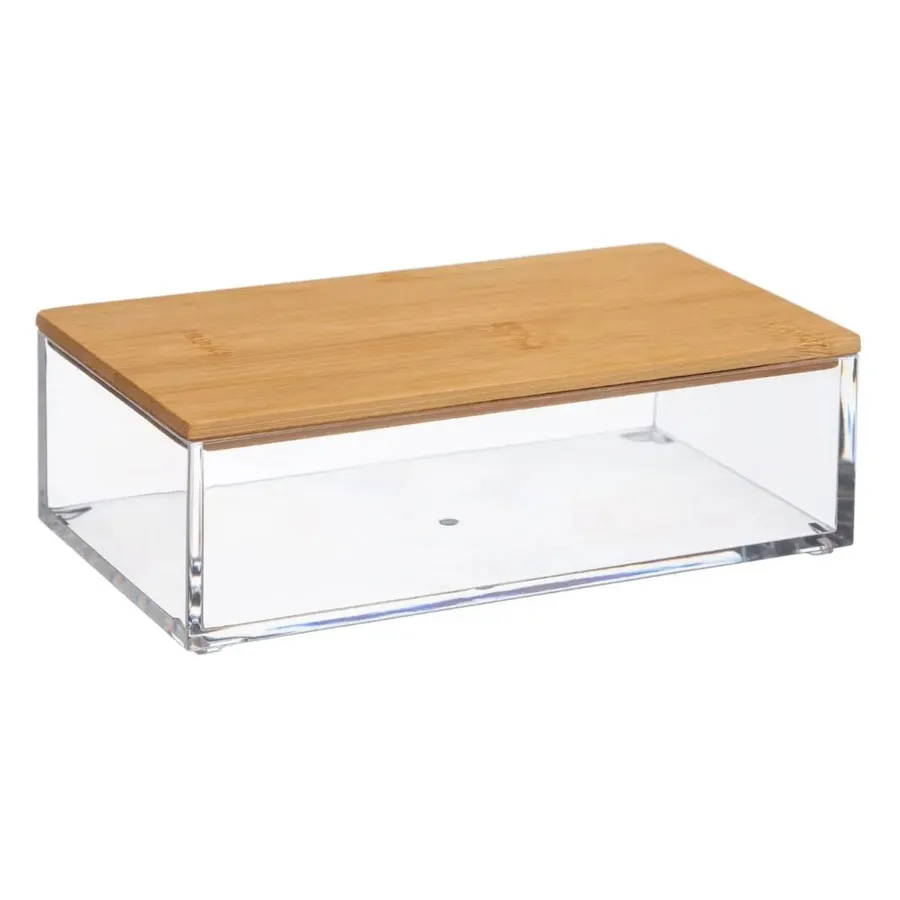 3 Contenitori Portaoggetti Con Coperchio In Bambù 5L - Scatole In Plastica Impilabili Con Manici, 25x18x10 Cm, Per Cucina, Bagno, Scaffali, Grigio