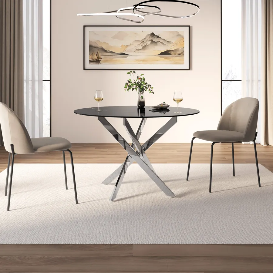 Tavolo da pranzo rotondo per 4 persone - 120x120x75 cm - con piano in legno e gambe in metallo - Effetto marmo - Bianco | Leroy Merlin