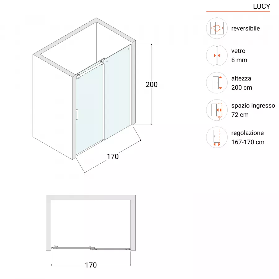 Box doccia nicchia 170 cm scorrevole vetro anticalcare fumè e profilo nero  200h - Lucy