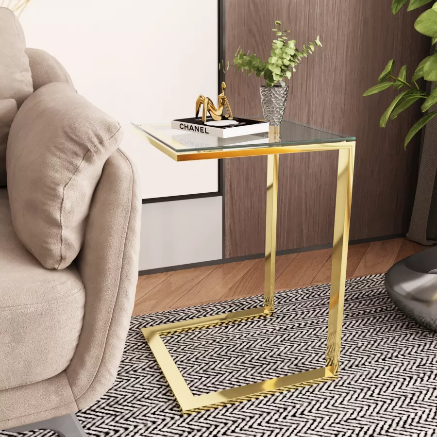 Tavolino 40x60h cm in acciaio oro con piano in vetro - Guvia