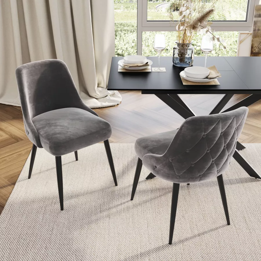 Set 2 sedie in velluto grigio scuro con gambe in metallo nero - Accent