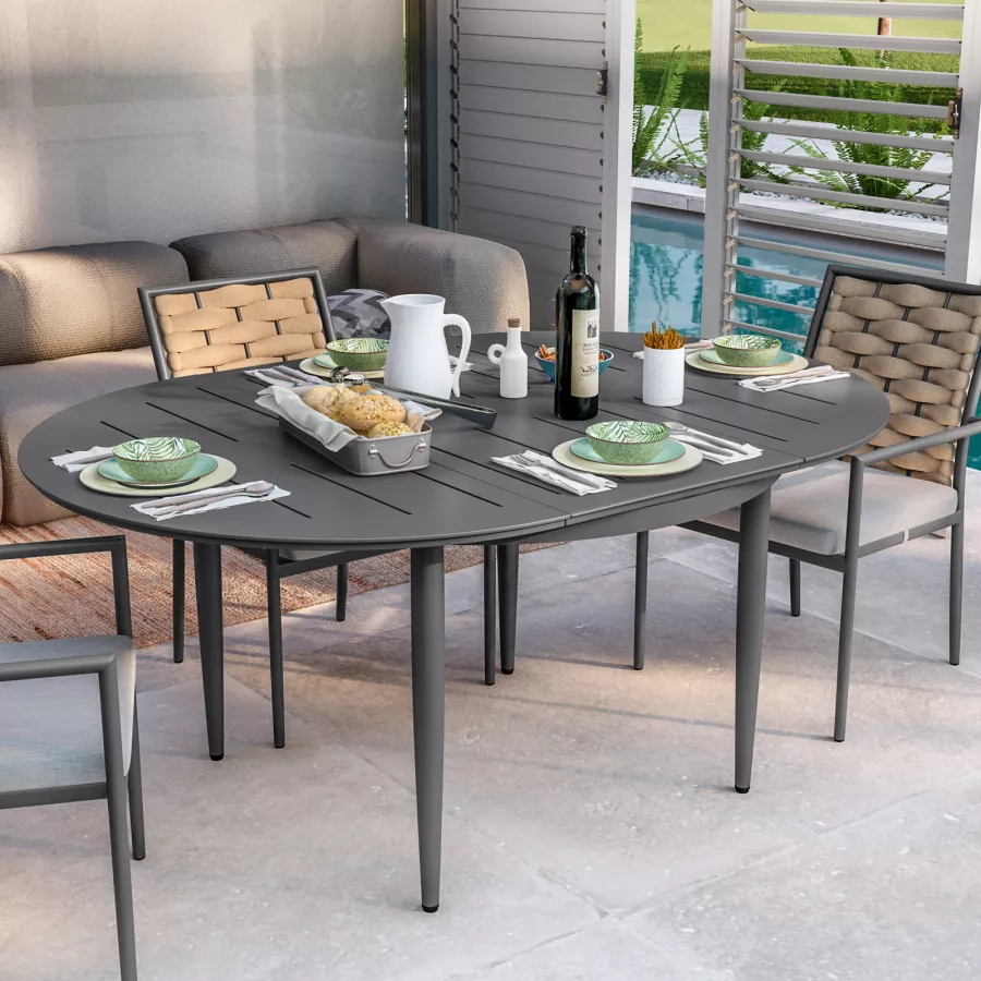 Set pranzo tavolo Ø 120-170x120 cm e 4 sedie con braccioli in alluminio  antracite - Doovy