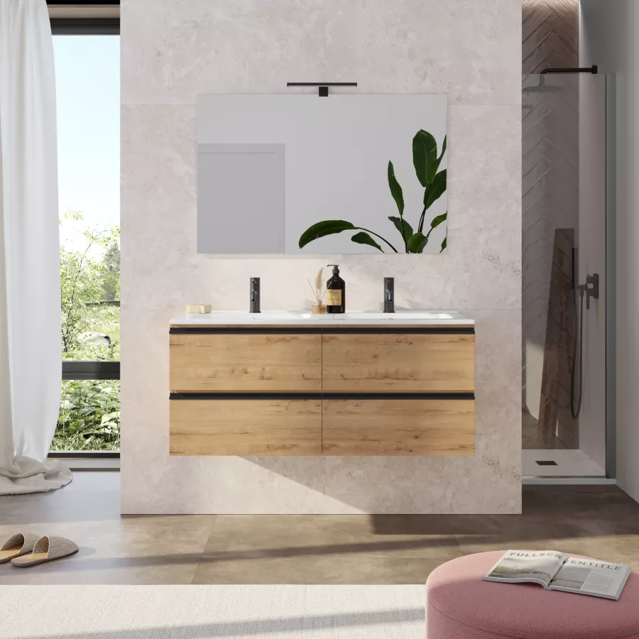 Mobile bagno sospeso 120 cm nero maniglie nere con lavabo e specchio - Rebus