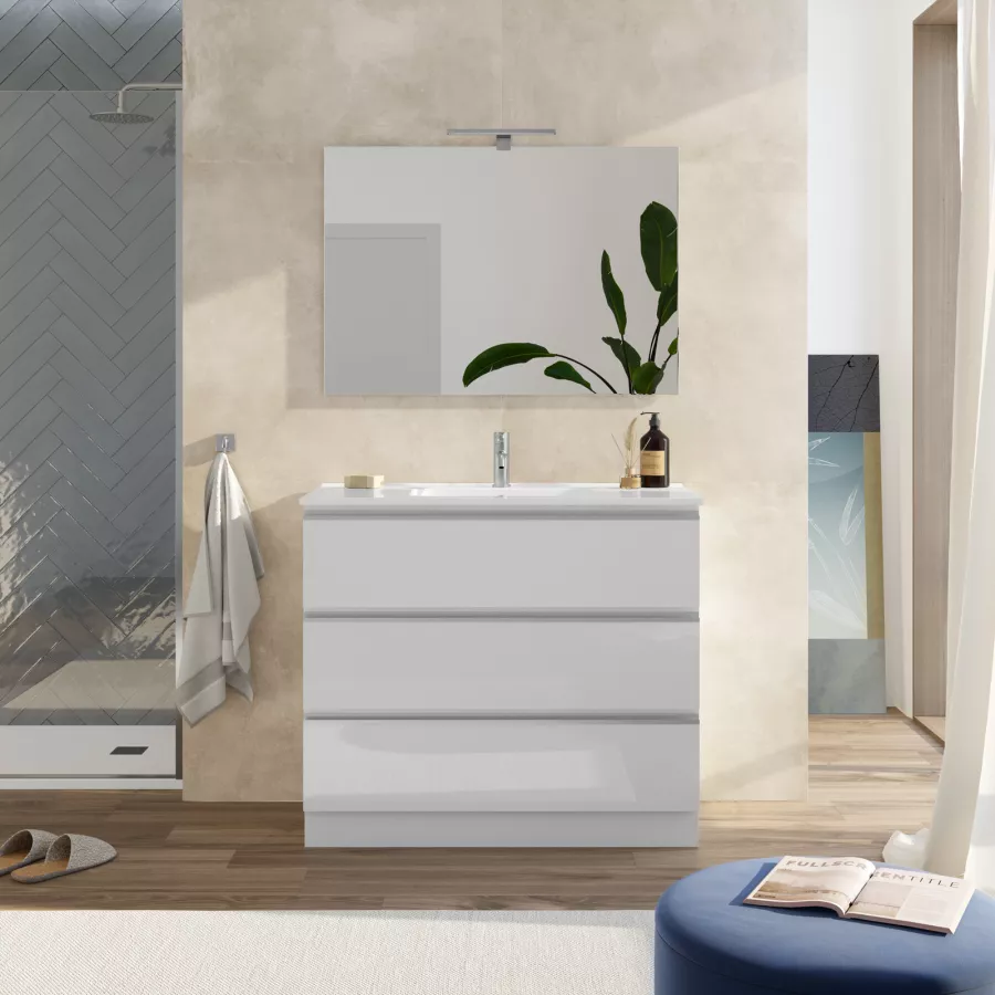 Mobile bagno 100 cm bianco maniglie cromo con lavabo e specchio - Rebus
