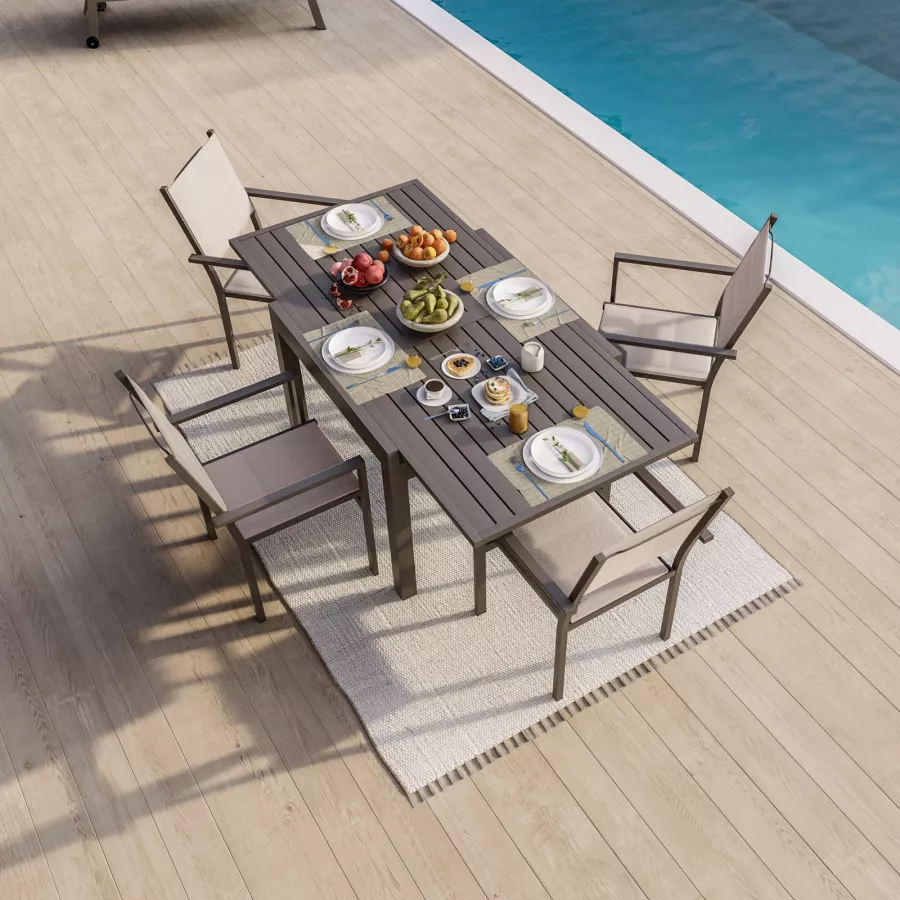 Set pranzo tavolo 90/180x90 cm e 4 sedie in alluminio e textilene marrone -  Carioca