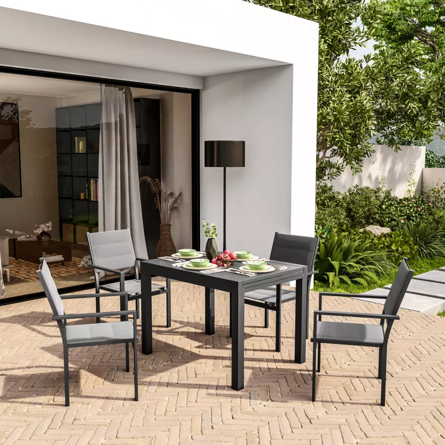 Set pranzo tavolo 105/210x75 cm e 4 sedie con braccioli in textilene  imbottito antracite - Carioca