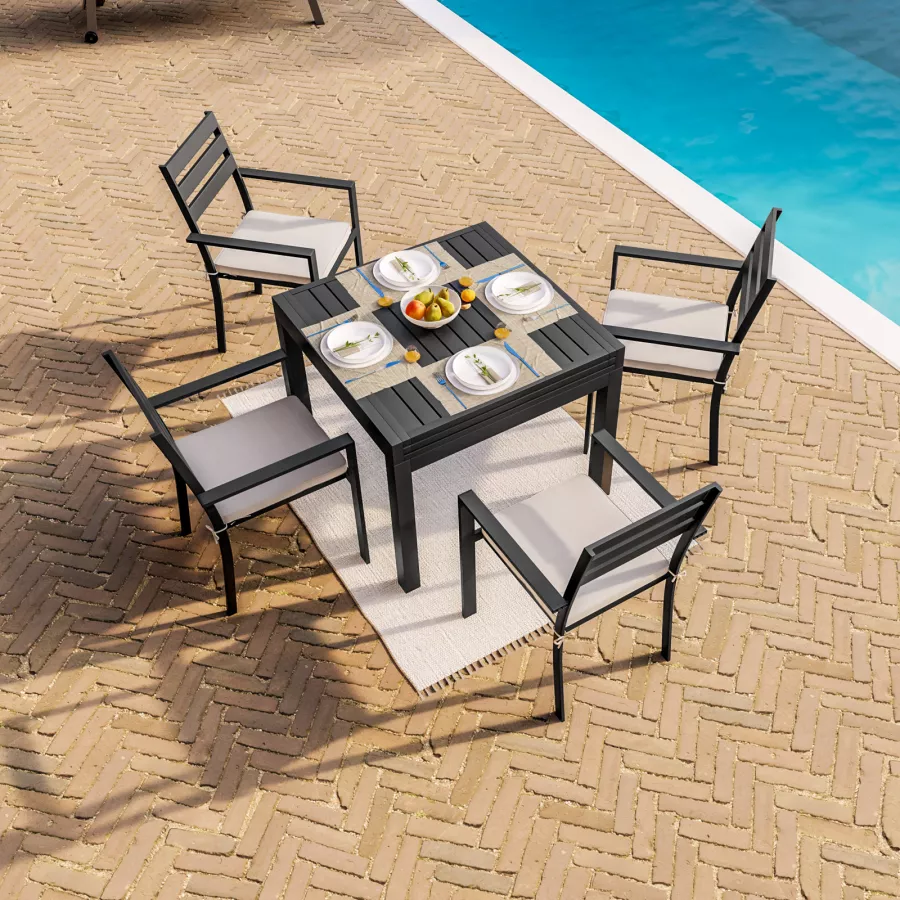 Set pranzo tavolo 90/180x90 cm in alluminio antracite e 4 poltrone con  braccioli - Carioca