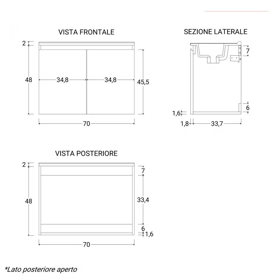 Mobile bagno sospeso 70 cm bianco lucido salvaspazio con specchio Clip