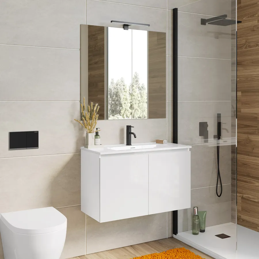 Set Mobili Bagno Sospesi PIASKI Alba - Con Lavello, Design Moderno, Colore Sonoma/Bianco Lucido - Foto 3