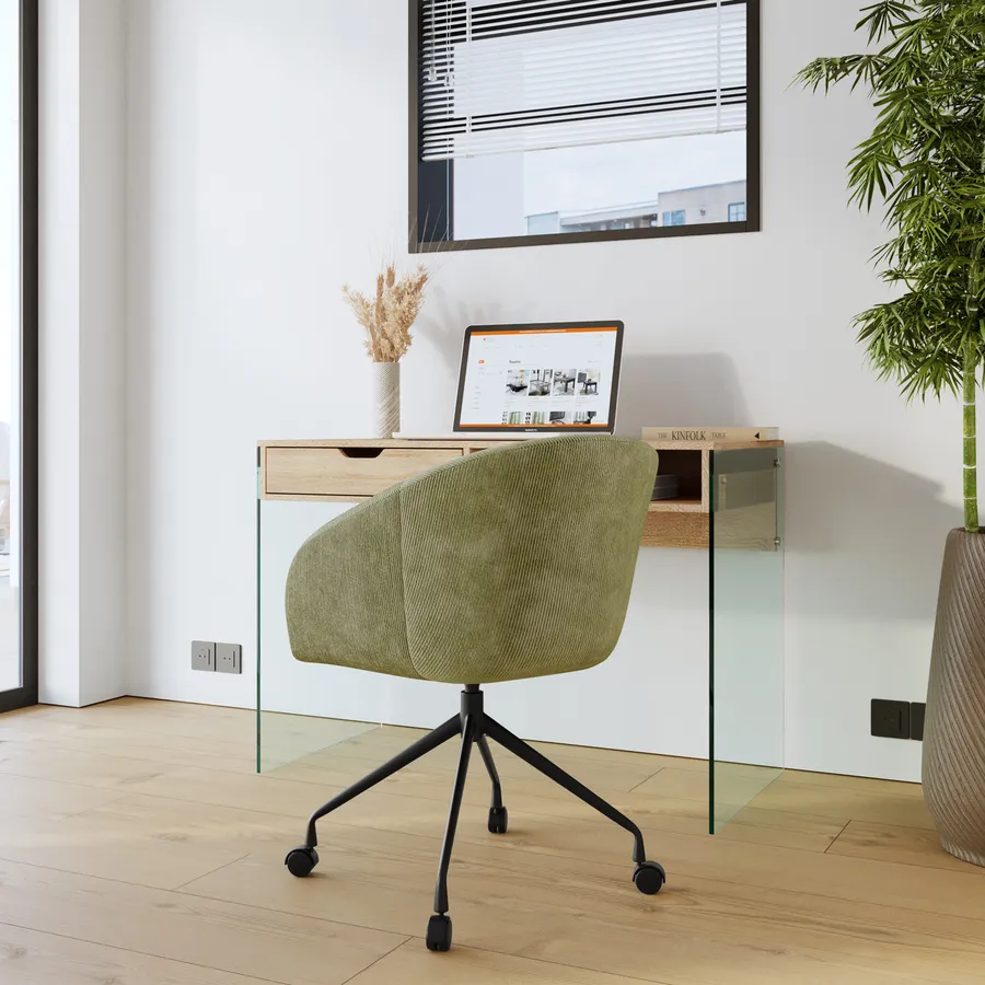 Poltrona da ufficio girevole in tessuto a coste verde con base in