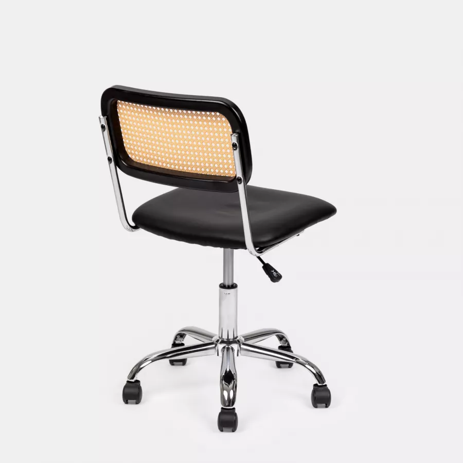 Sedia Da Ufficio Girevole In Pelle E Rattan - Regolabile, Con Ruote, Schienale In Noce - Senza Braccioli - Nero