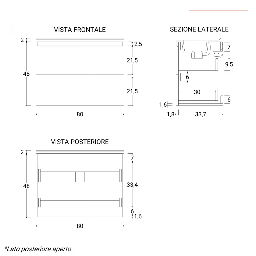 Mobile bagno sospeso 80 cm con ante e cassetti carta da zucchero