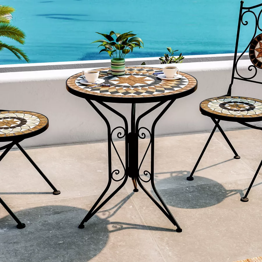 Tavolino da giardino rotondo 60 cm in metallo nero e top con mosaico  multicolor - Otranto