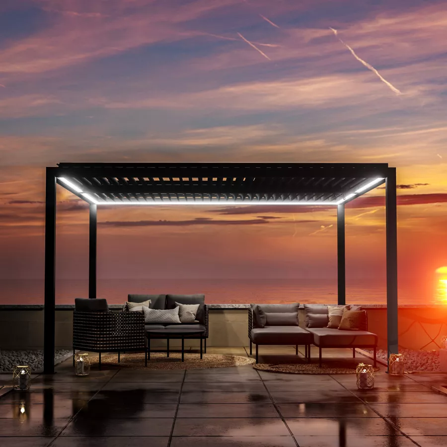 Gazebo led con tetto a lamelle 4x4 m in alluminio antracite - Enea