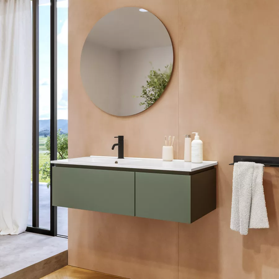 Mobile bagno 100 cm verde opaco cannettato con lavabo alto e specchio - Gaia