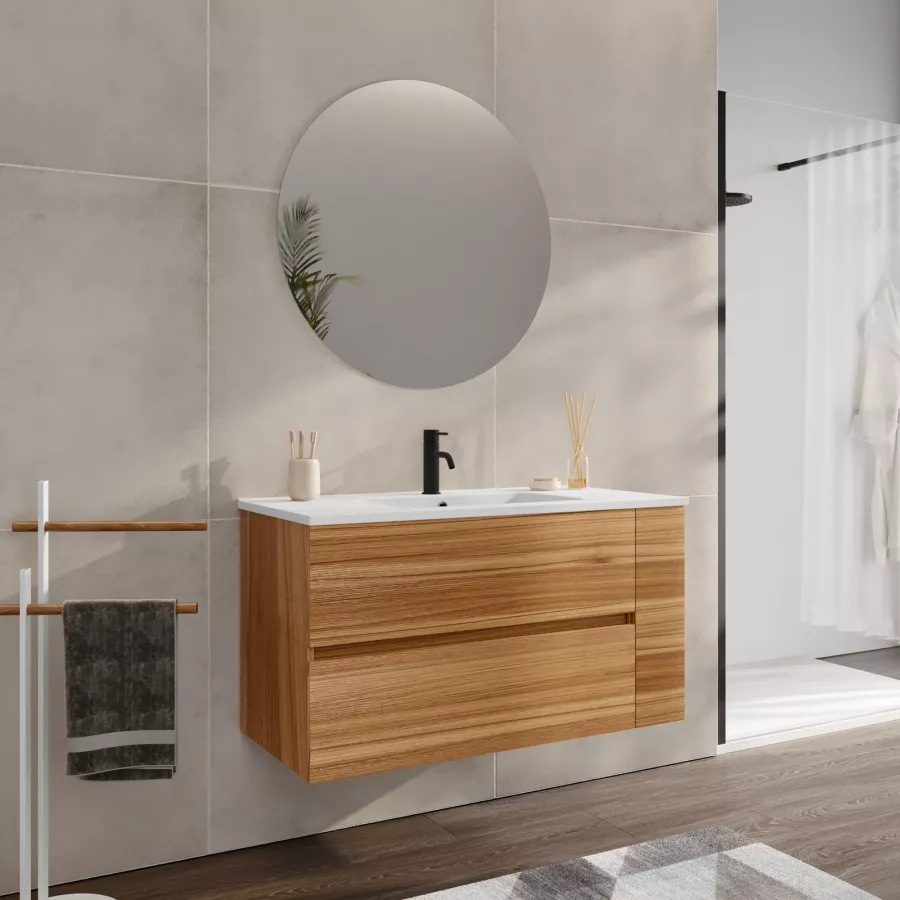 Mobile Bagno Sospeso da 1200mm in Rovere Dorato con Lavabi da