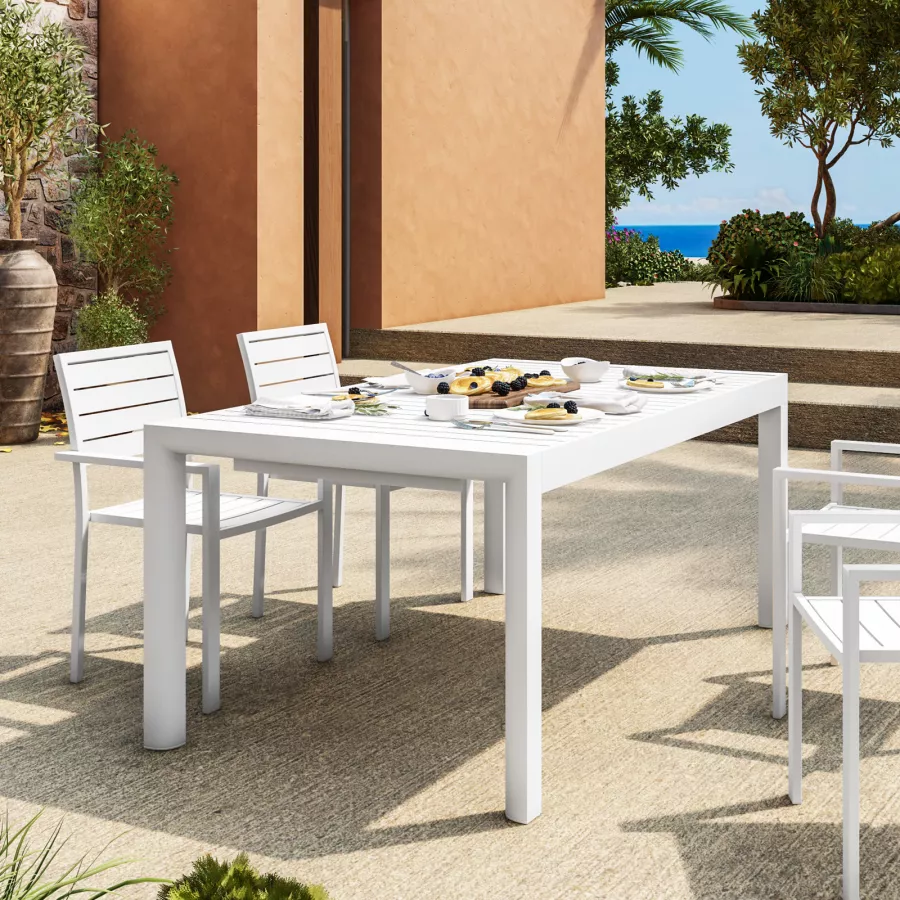 Set pranzo tavolo 180/240x100 cm e 4 sedie con braccioli a doghe in  alluminio antracite 