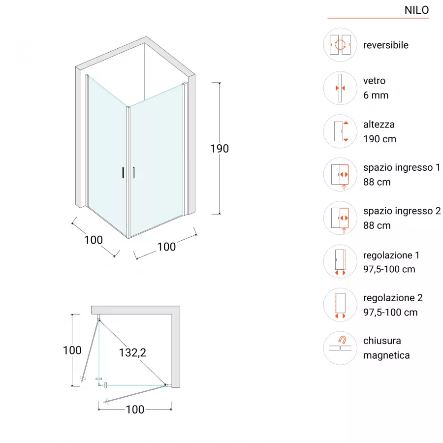 Box doccia 100x100 cm doppio battente in vetro temperato 6mm opaco 190h -  Nilo